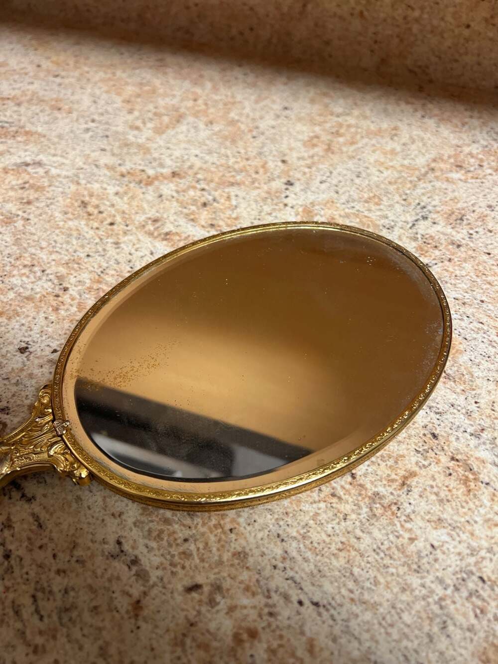 Vintage Ornate Gilt Bronze Hand Held Vanity Mirror Cream m Cabochon Stone
